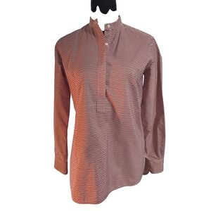 ANN MASHBURN Striped Mandarin Collar Button Up Shirt Women Burgundy White Size M